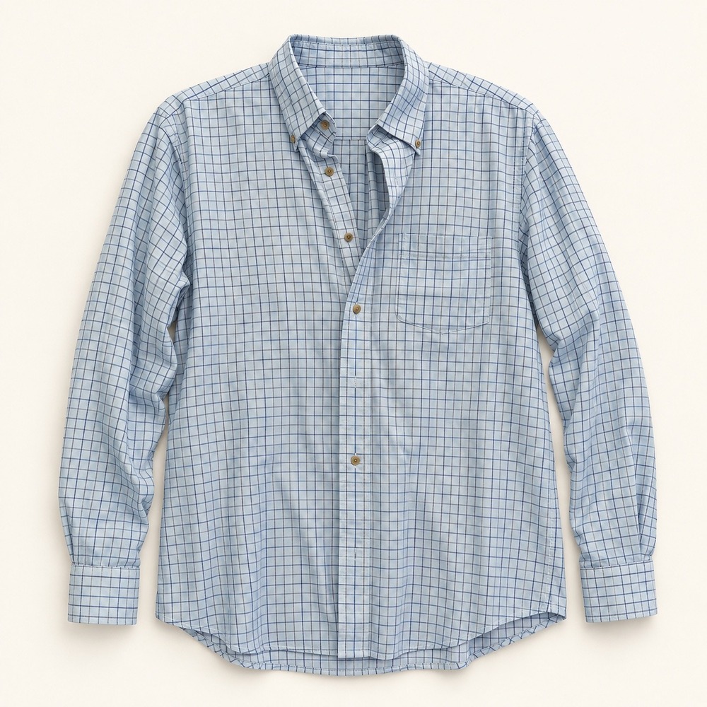 LL Bean Mens XL Regular Wrinkle Free Blue Windowpane Cotton Shirt